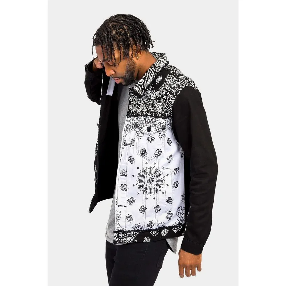 Victorious Colorblock Distressed Bandana Paisley Denim Button Jacket L - Picture 6 of 8